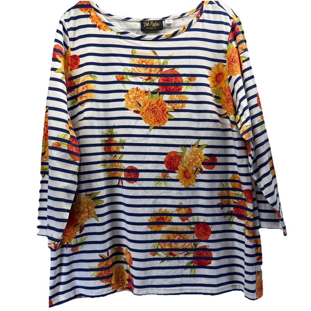 Bob Mackie Women's‎ Top Size Large Artsy Floral Stripe Orange White 3/4 Sleeve
